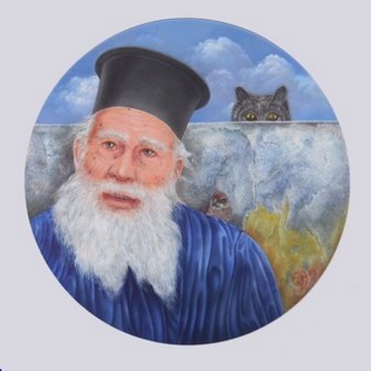 Magisch realistisch schilderij van man met witte baard en kat; Magic realistic painting of man with white beard and a cat